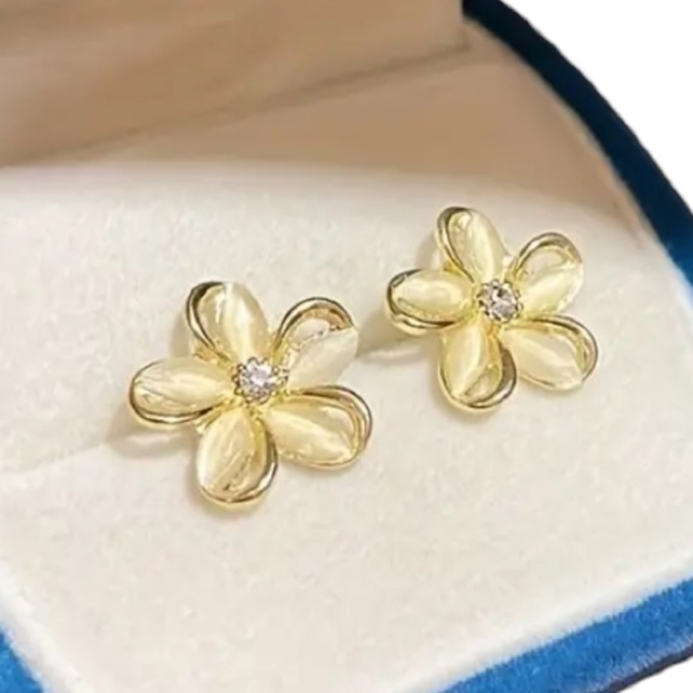 Gold with Opal and Rhinestone Center Flower Stud Earrings
